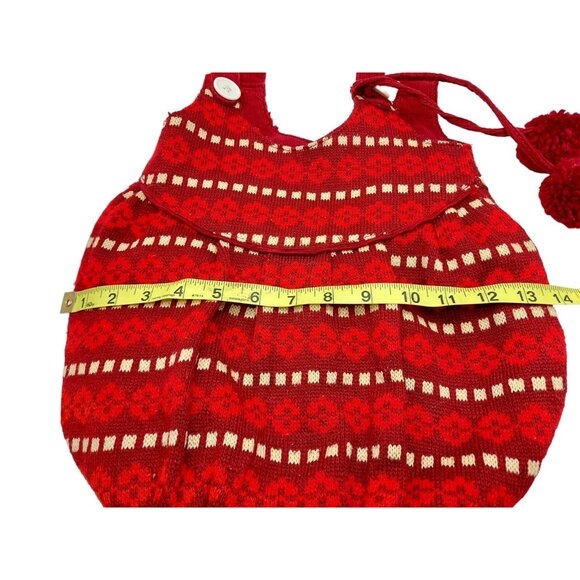 Knit Crocheted Red Boho Hand Shoulder Bag patterned with pom poms snap closure - Picture 6 of 10